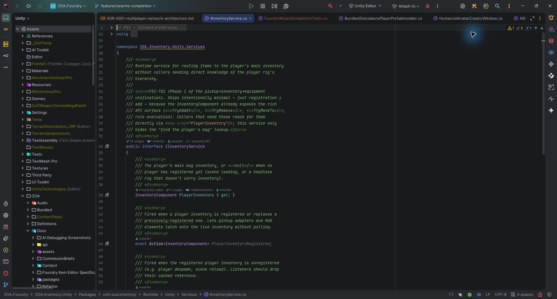 IInventoryService.cs open in Rider, showing the service contract and inventory registration event.